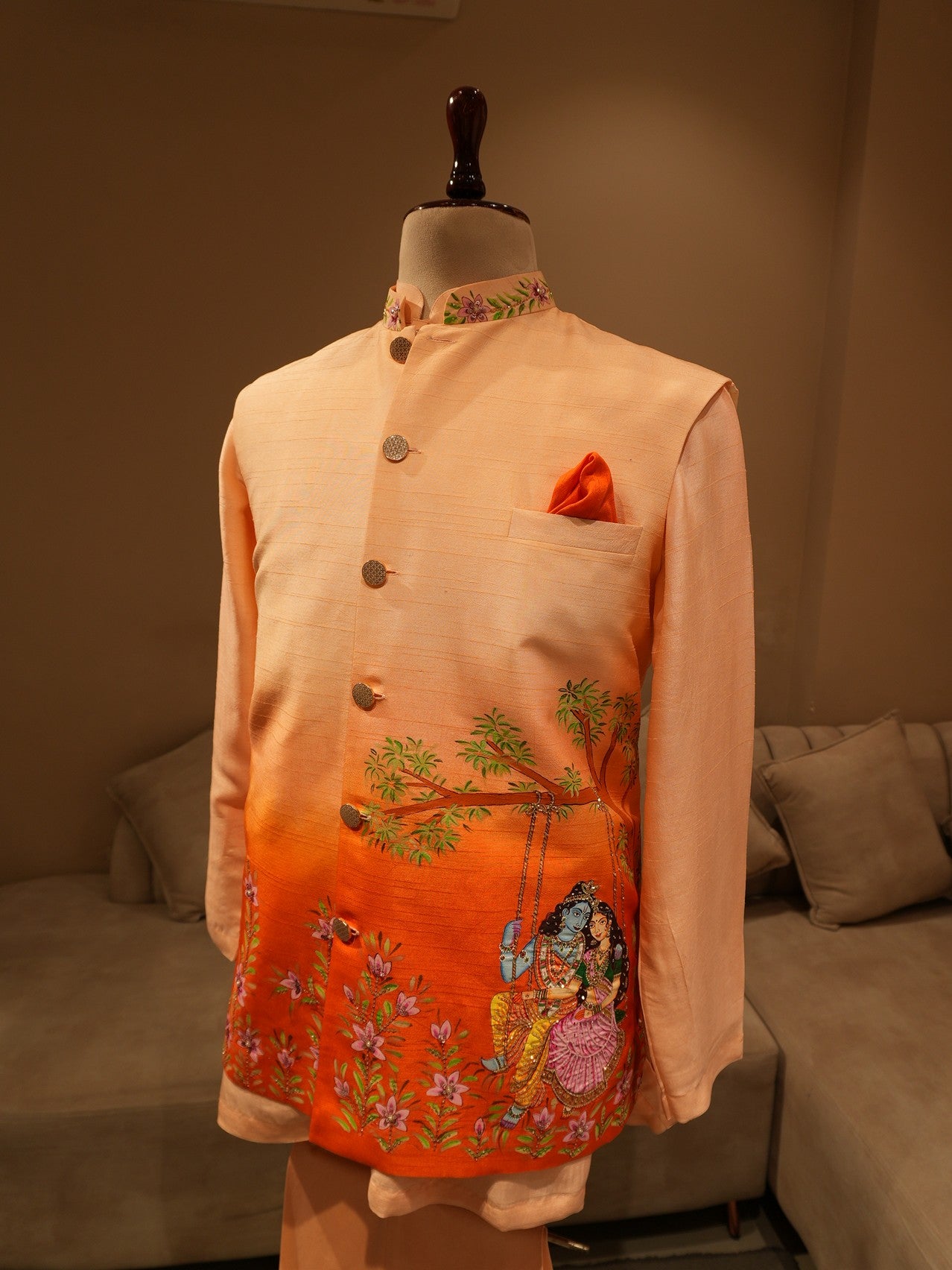 Rust orange shaded radha krishna ji hand painted mens neheru jacket kurta pants