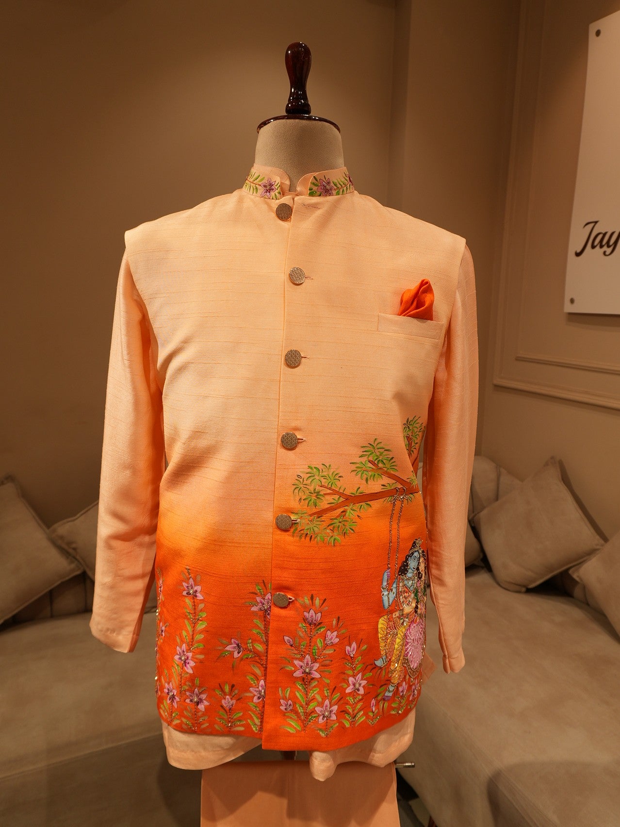 Rust orange shaded radha krishna ji hand painted mens neheru jacket kurta pants