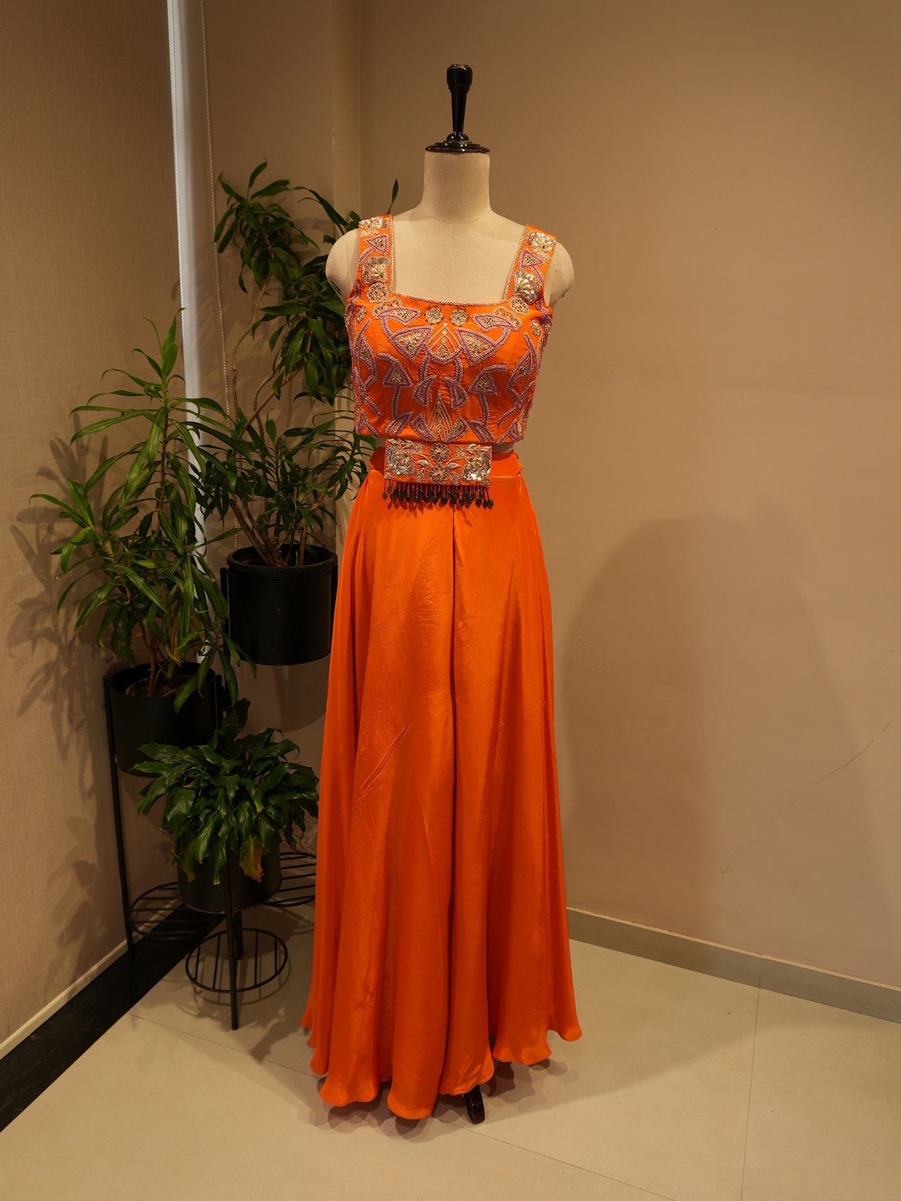 Rust orange crop top with plazo
