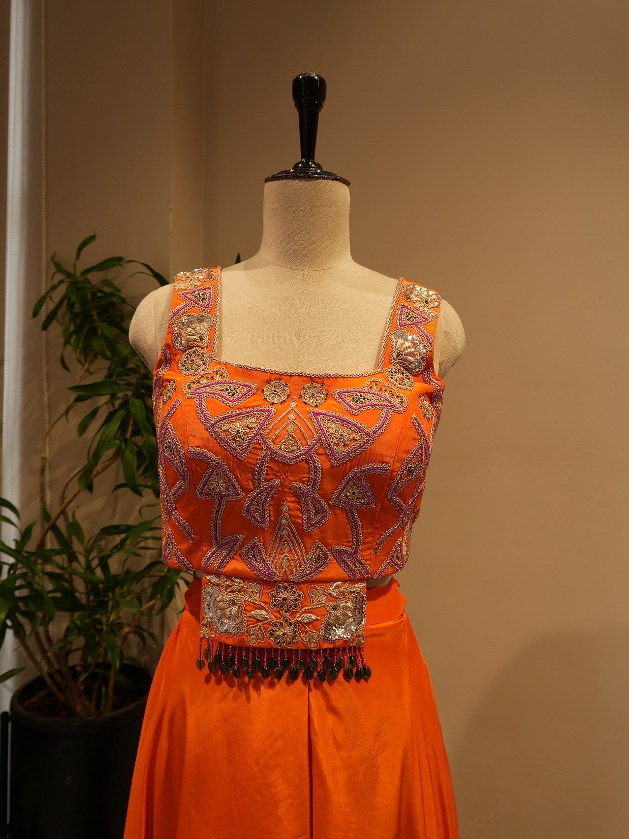 Rust orange crop top with plazo