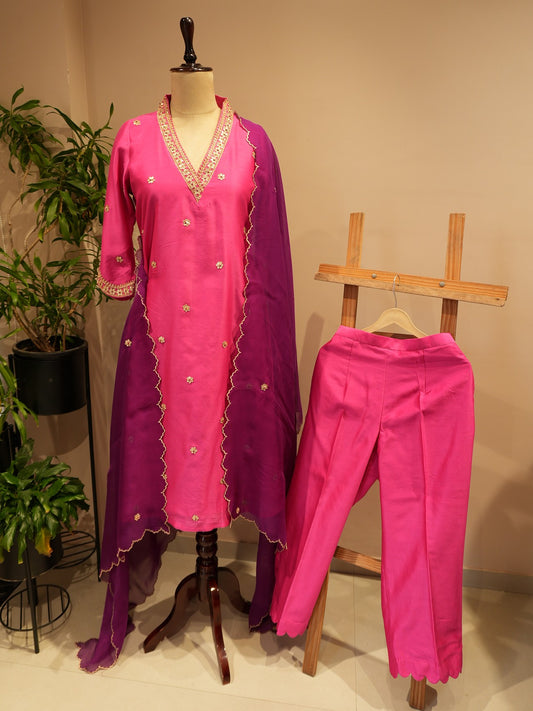 magenta pink kurta with purple dupatta pants