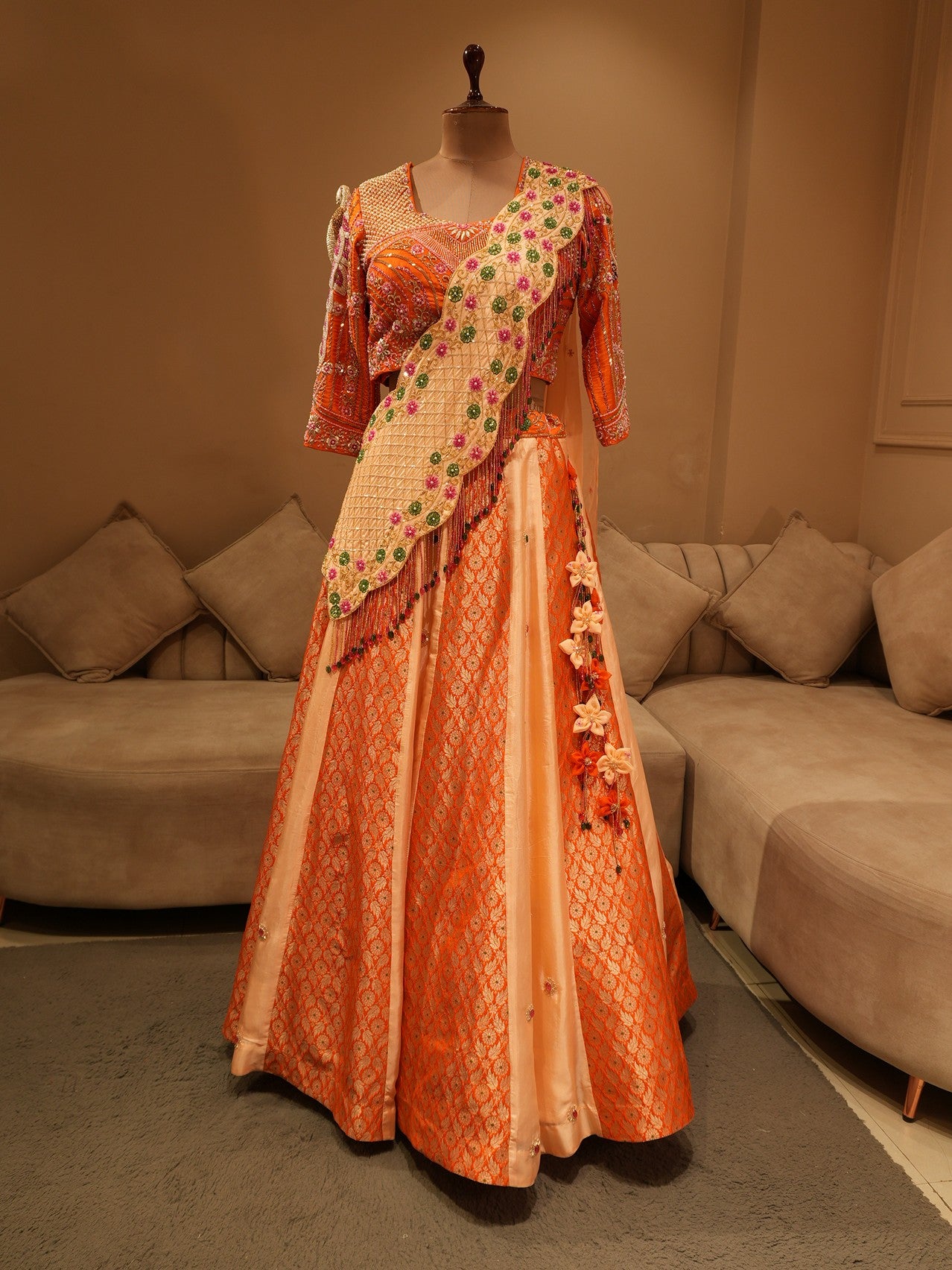 Rust orange peacock lehenga set