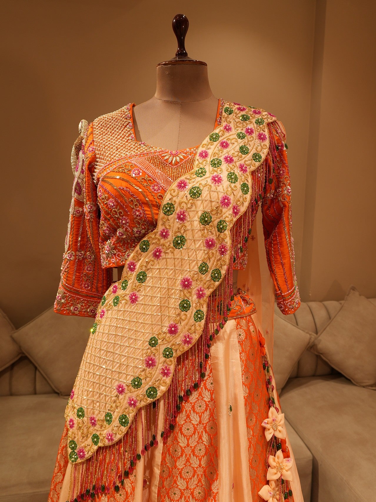 Rust orange peacock lehenga set