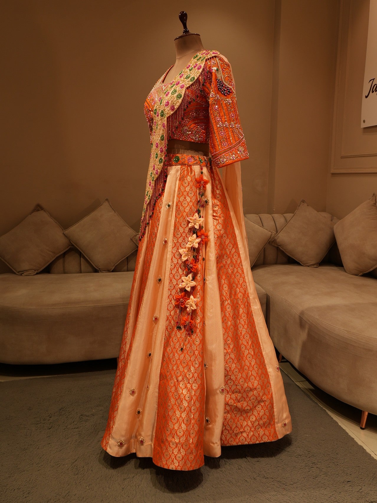 Rust orange peacock lehenga set