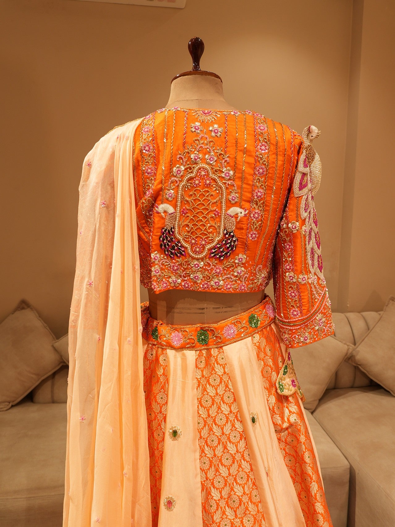 Rust orange peacock lehenga set