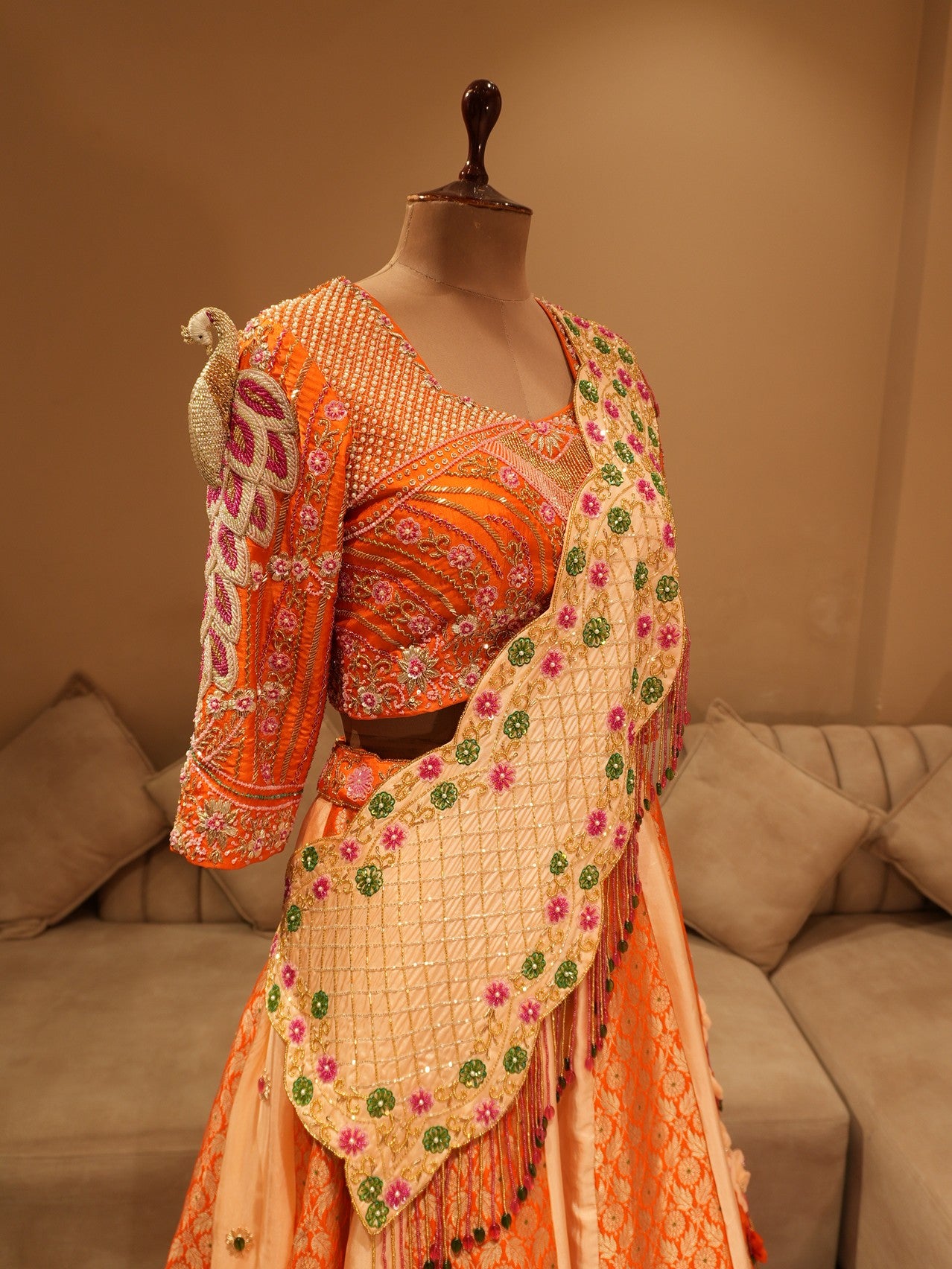 Rust orange peacock lehenga set