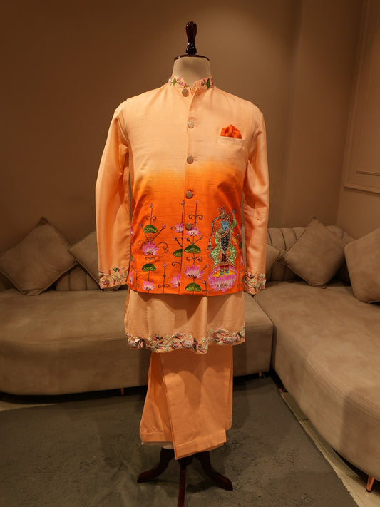 Rust orange srinathji hand painted neheru jacket kurta pants