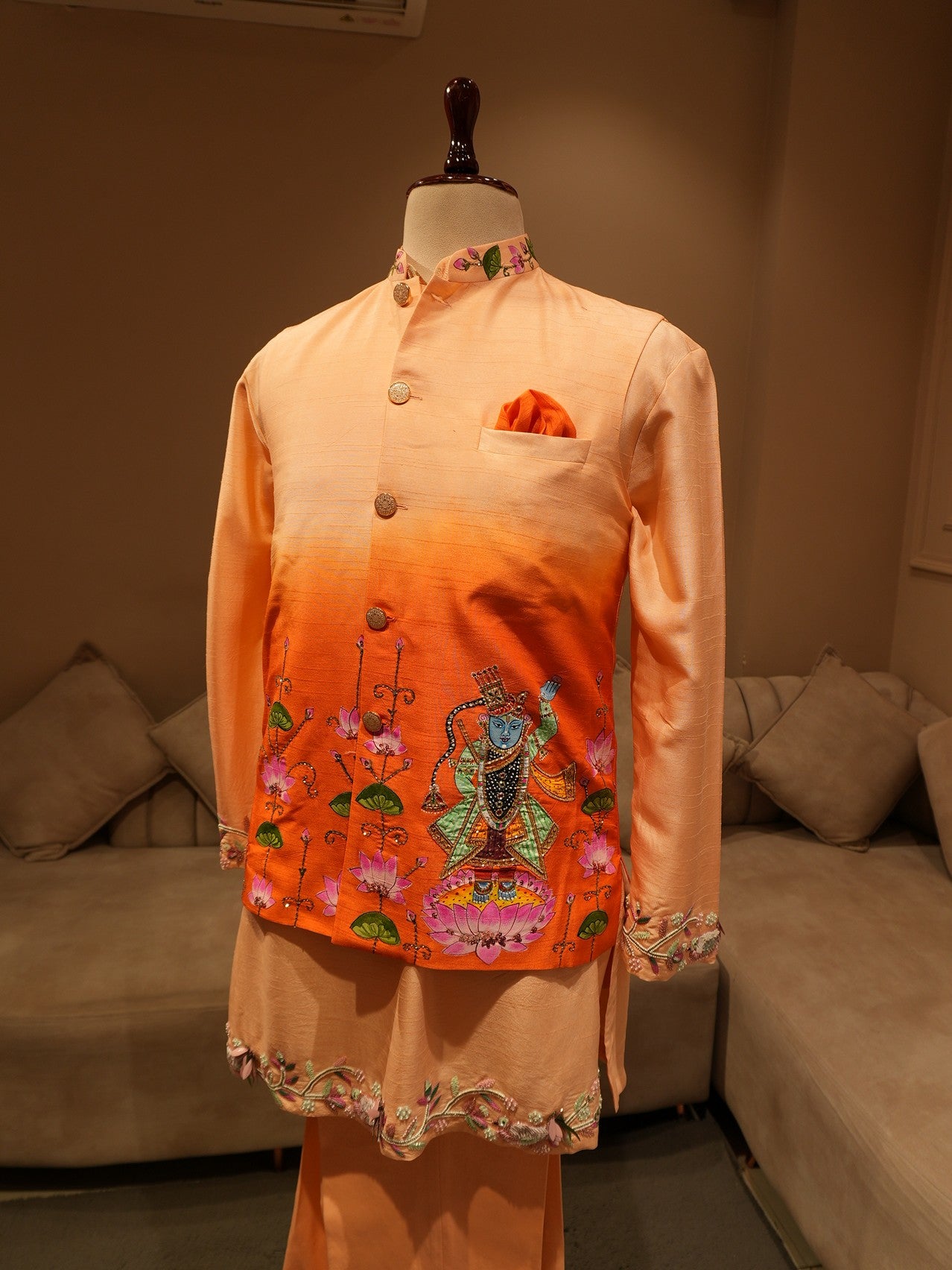 Rust orange srinathji hand painted neheru jacket kurta pants