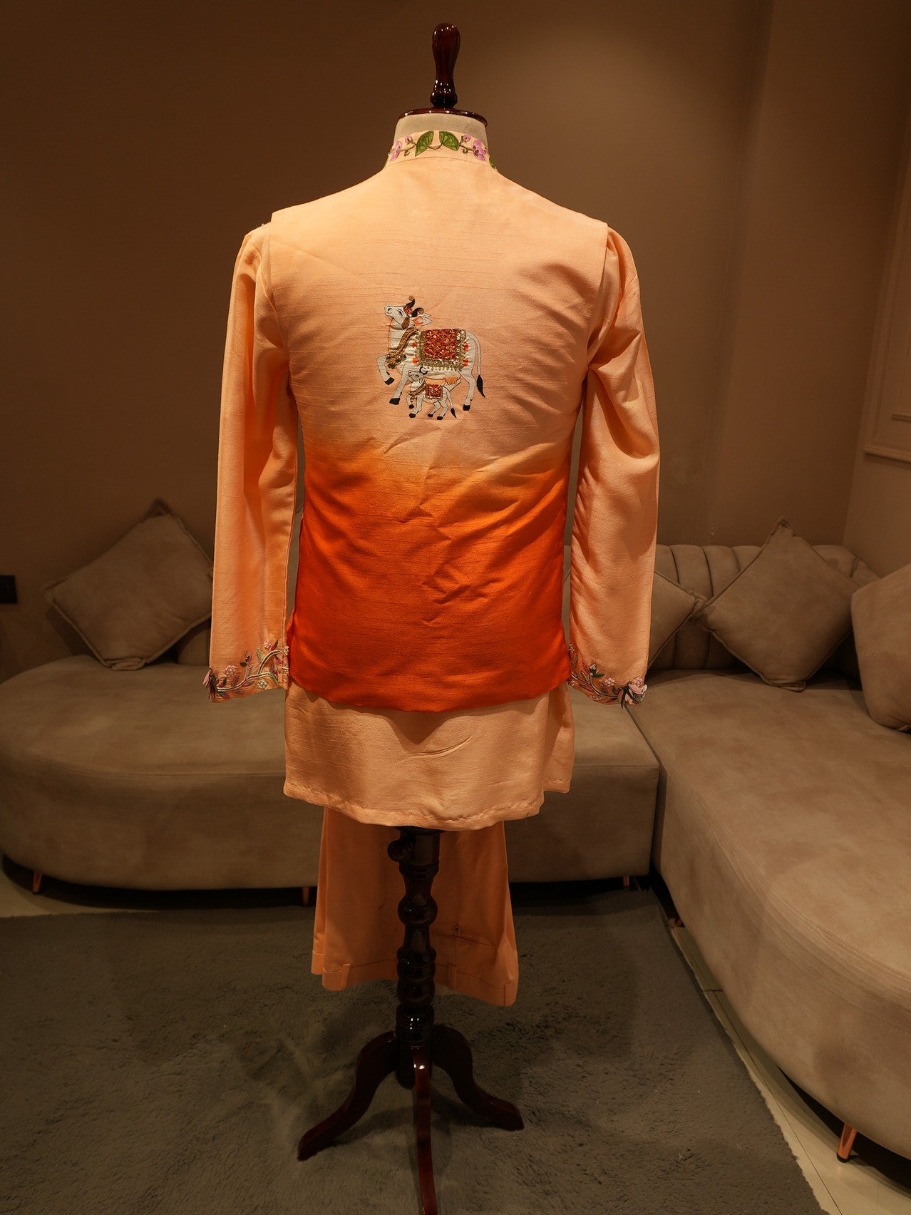 Rust orange srinathji hand painted neheru jacket kurta pants