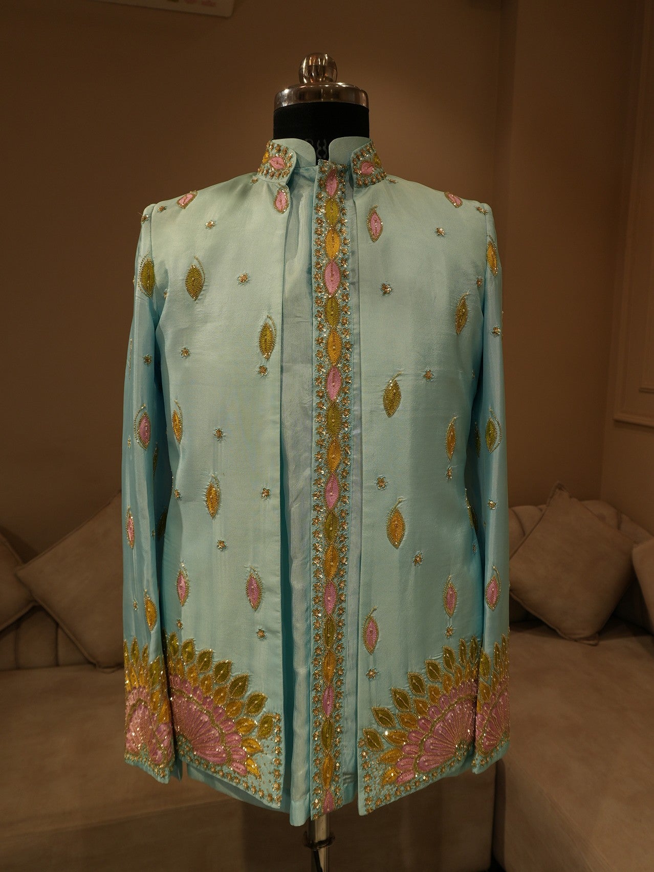 Powder blue embroidered mens indo western
