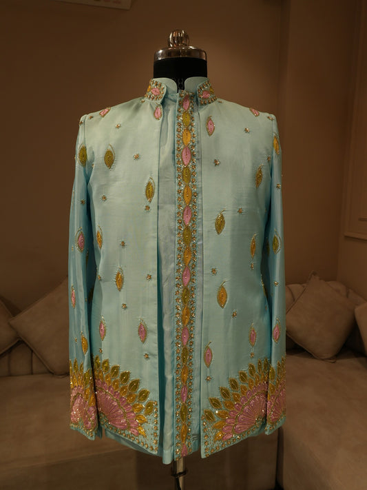 Powder blue embroidered mens indo western