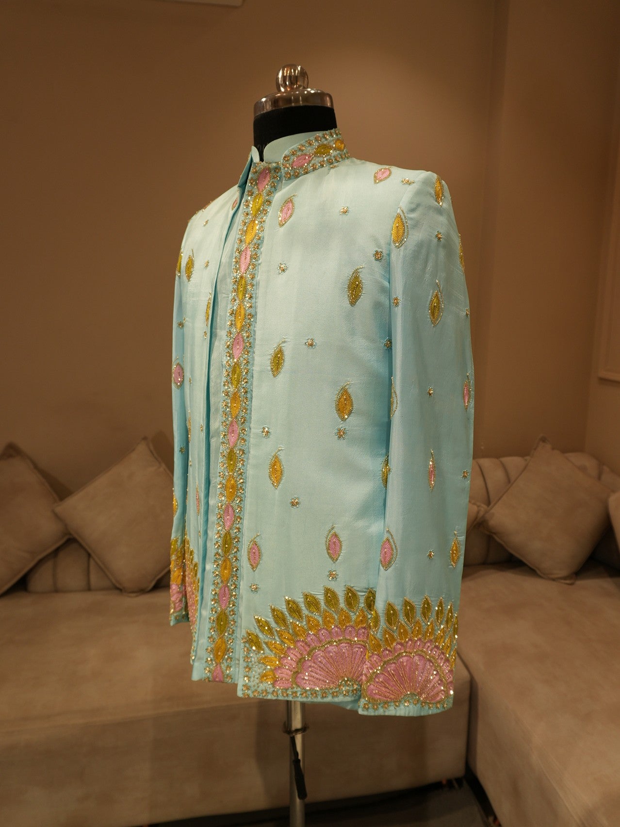 Powder blue embroidered mens indo western
