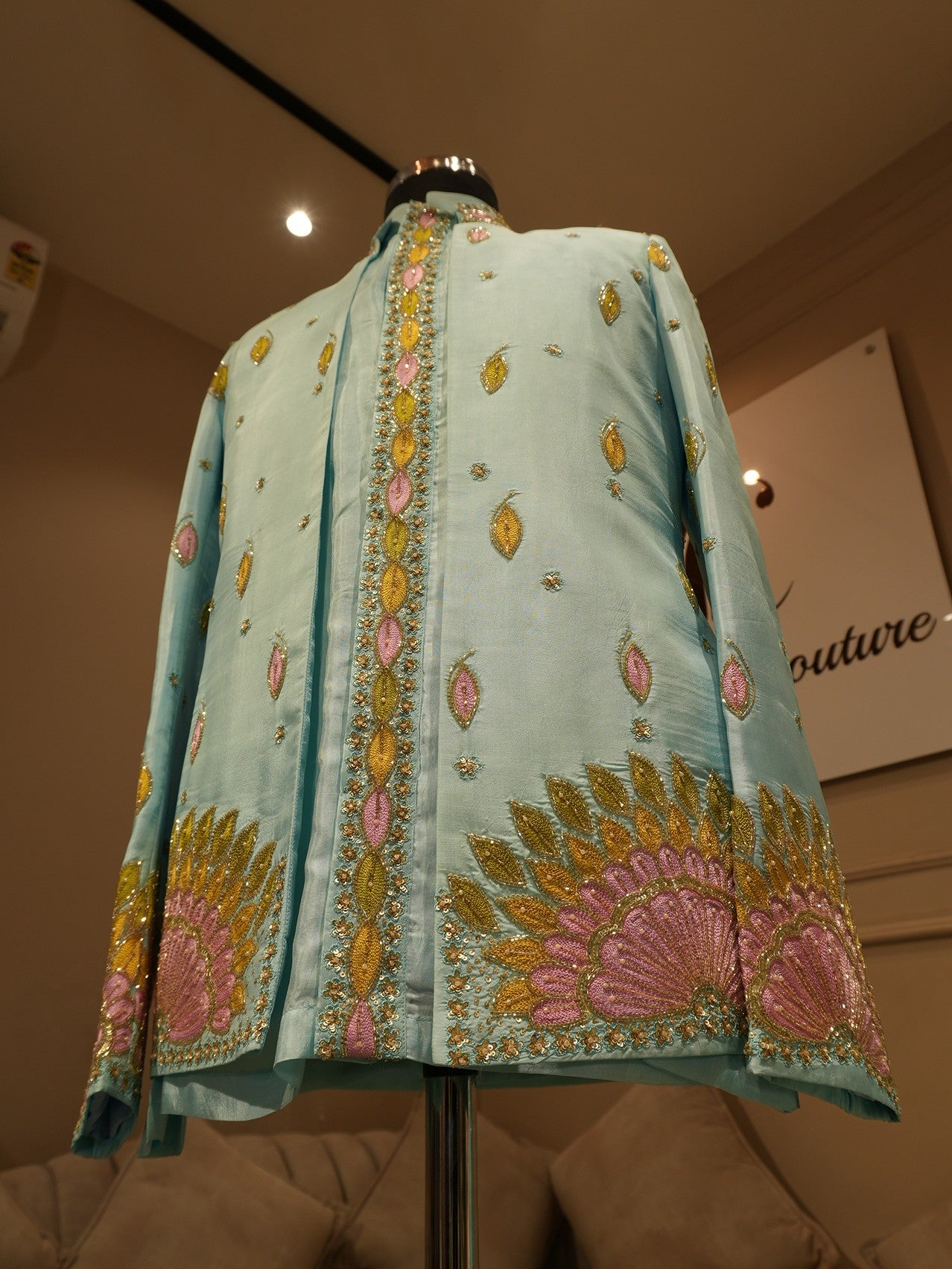Powder blue embroidered mens indo western