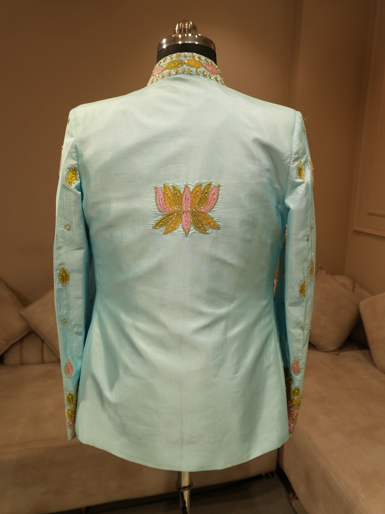 Powder blue embroidered mens indo western