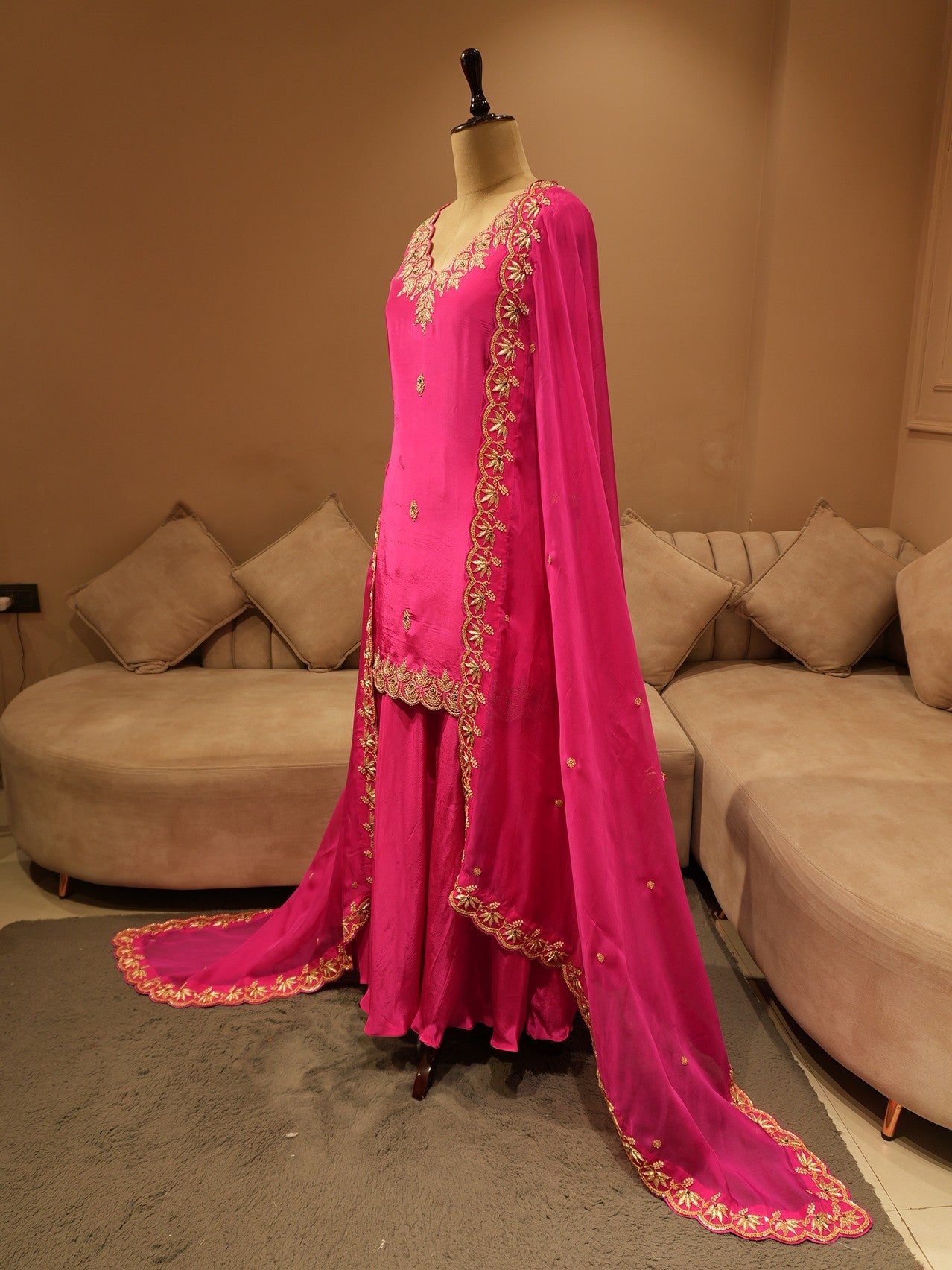 Hot pink kurta with plazo and dupatta