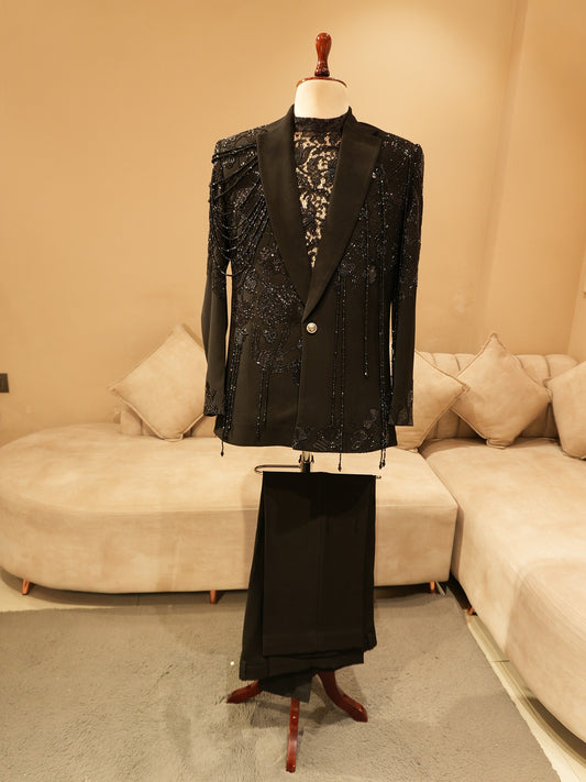 Z black embroidered mens tuxedo with shirt and pants