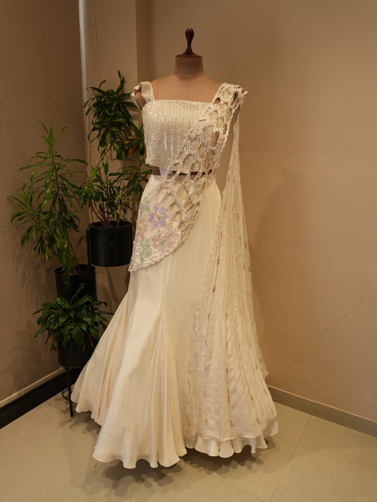 Pearl white embroidered lehenga