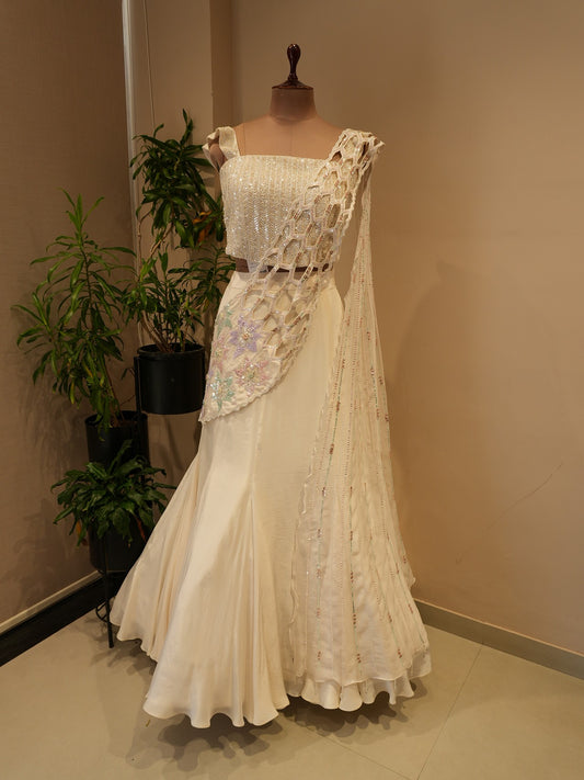 Pearl white embroidered lehenga