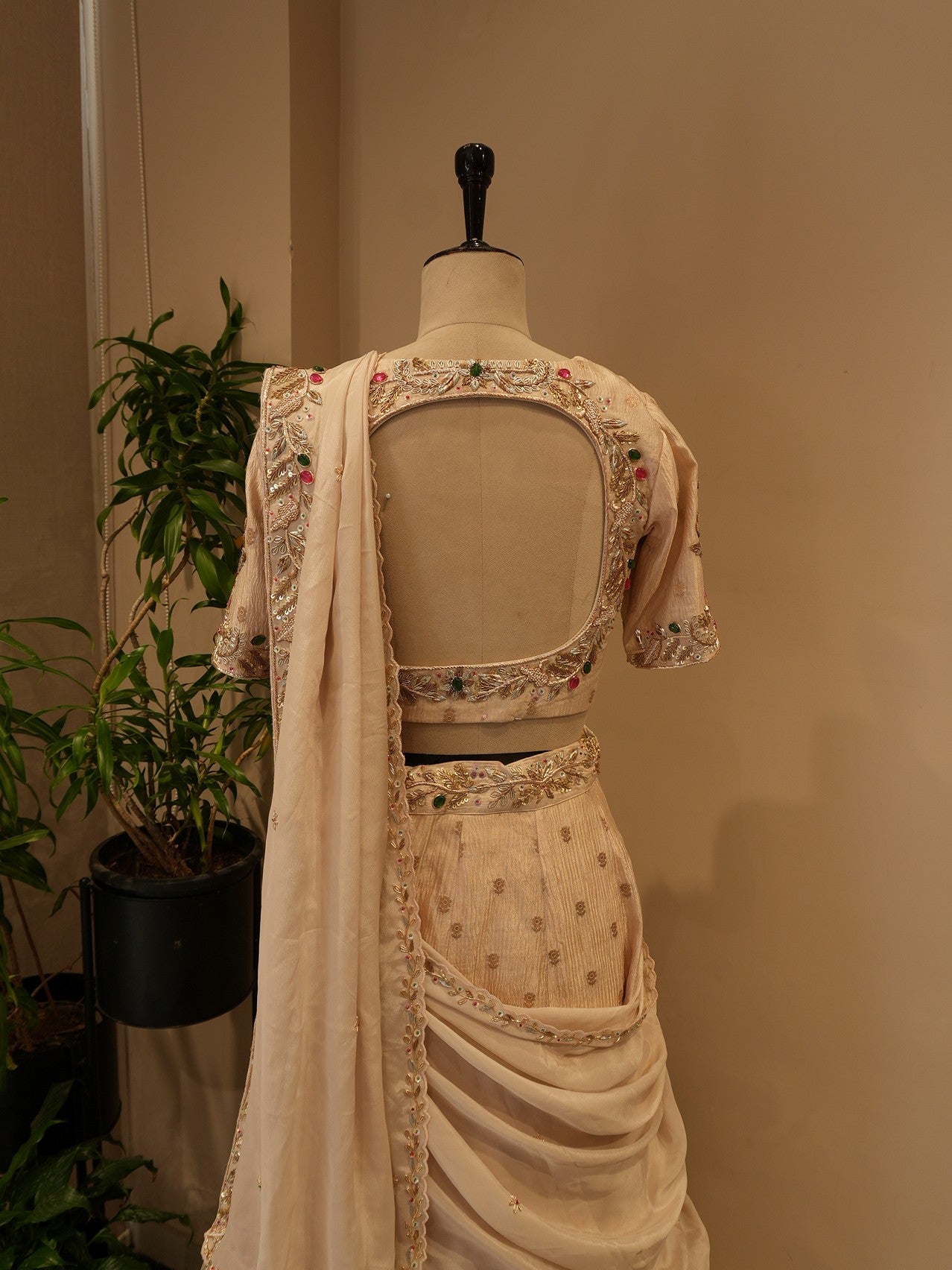 Beige tissue stone zardosi lehenga set