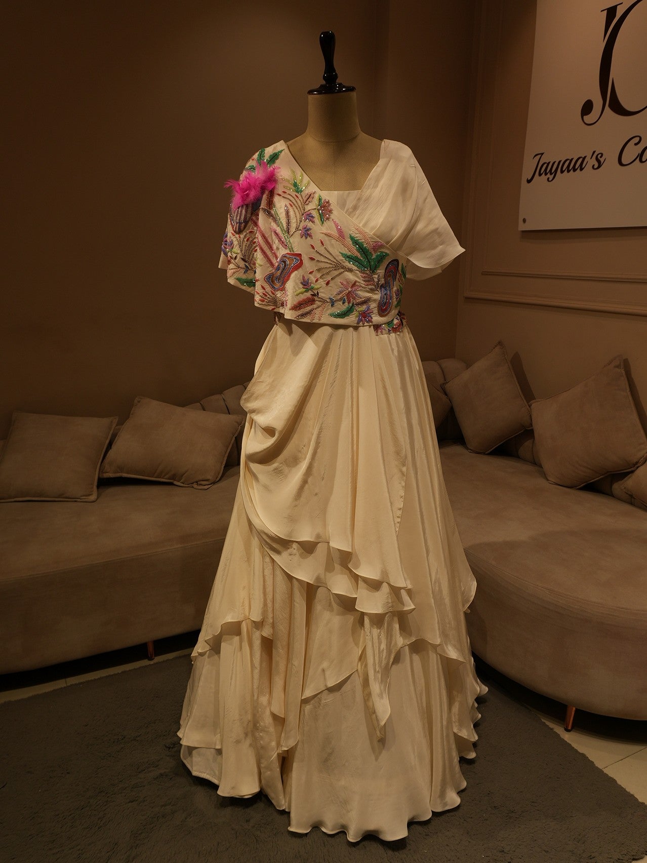 Pearl white embroidered cape gown