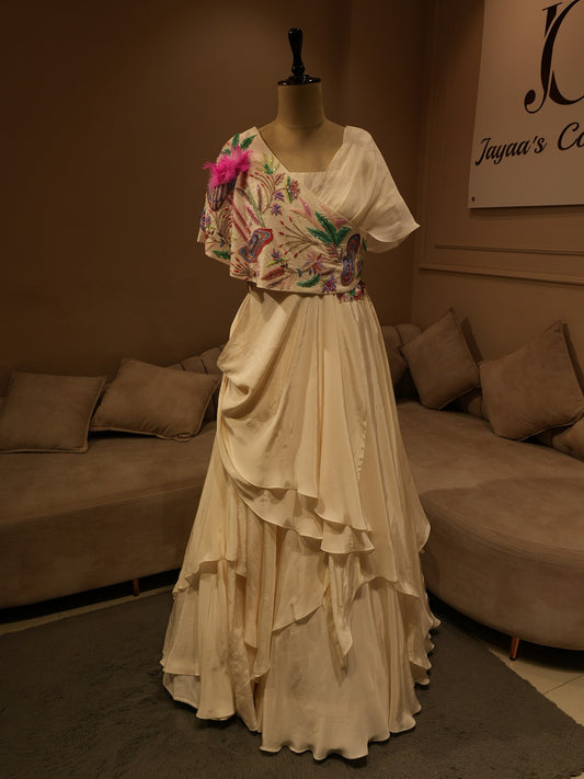 Pearl white embroidered cape gown