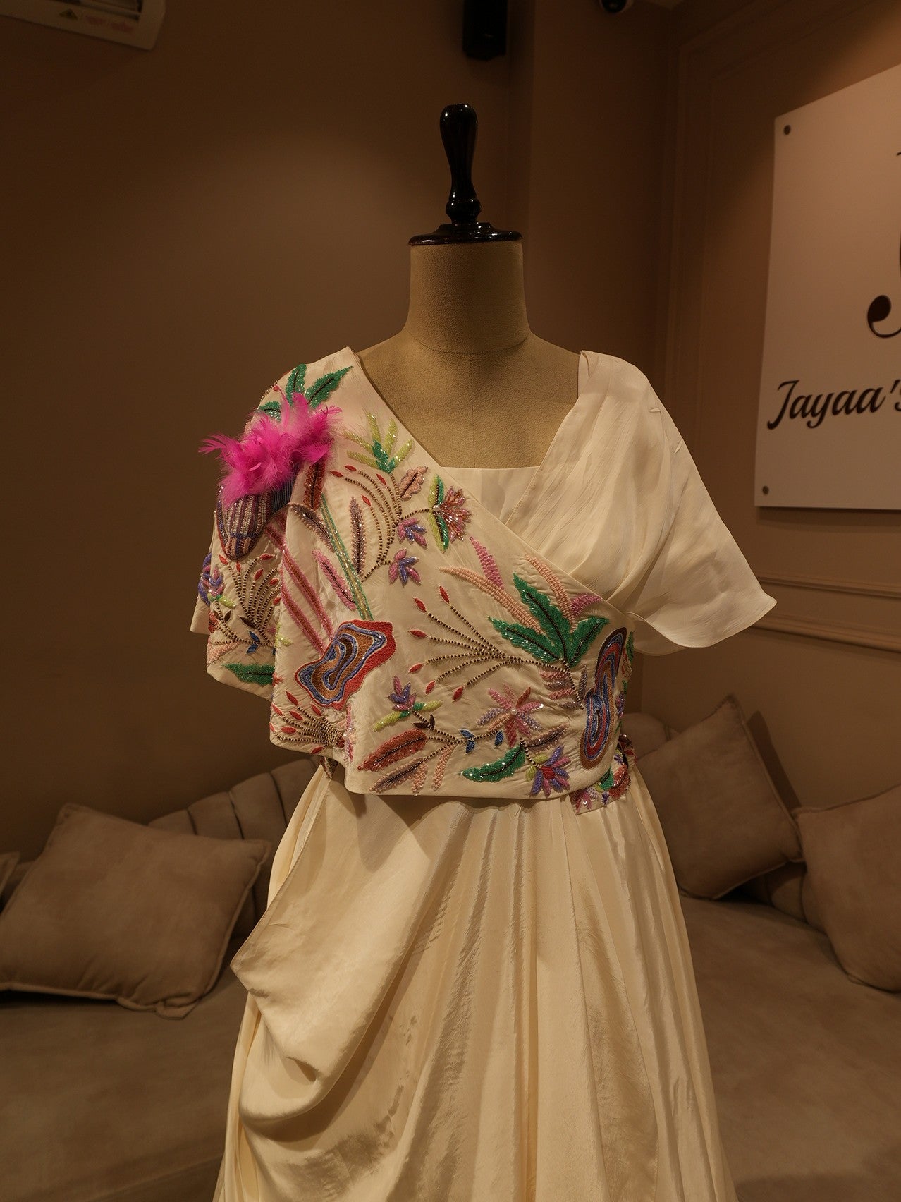 Pearl white embroidered cape gown