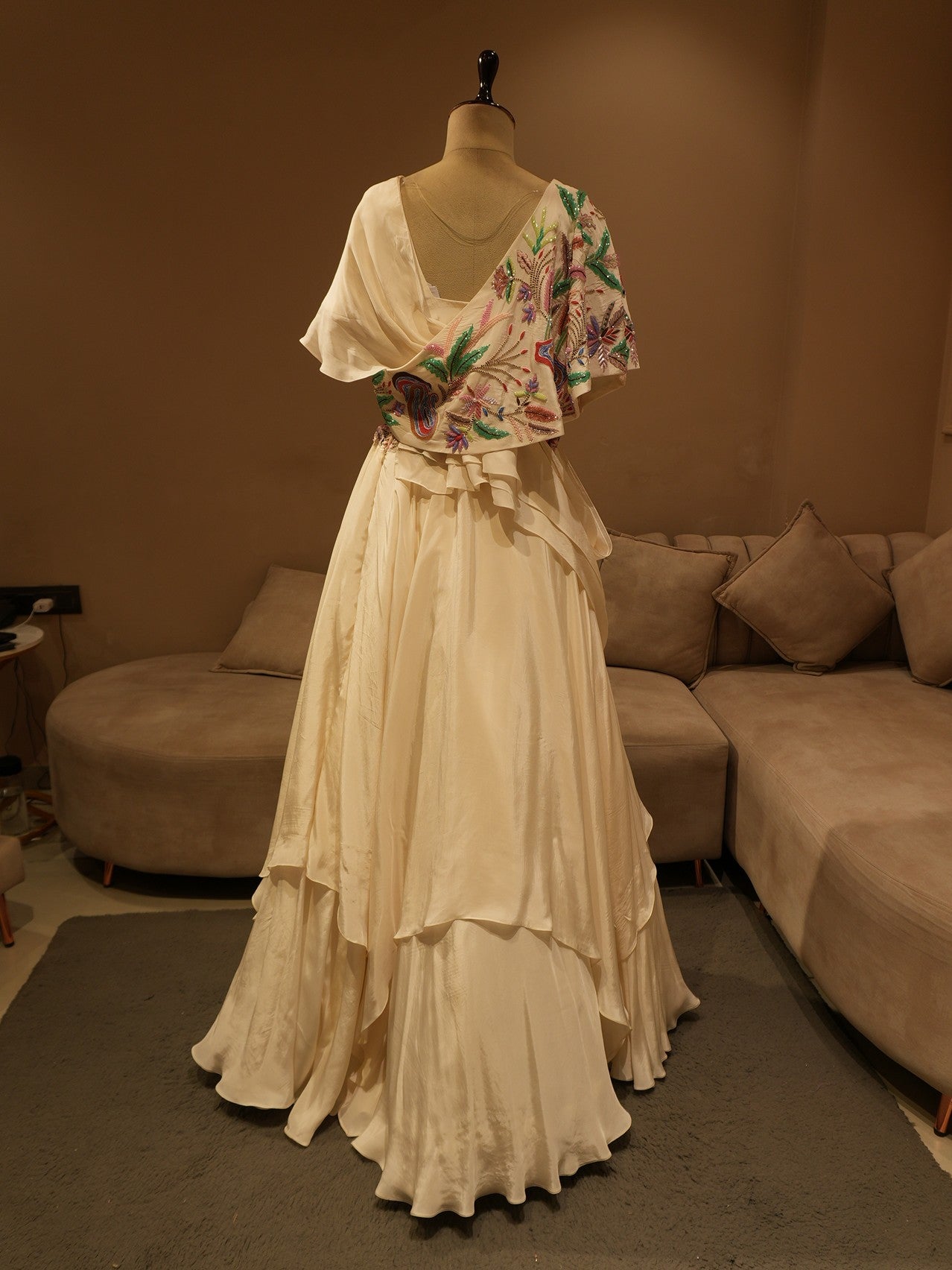Pearl white embroidered cape gown