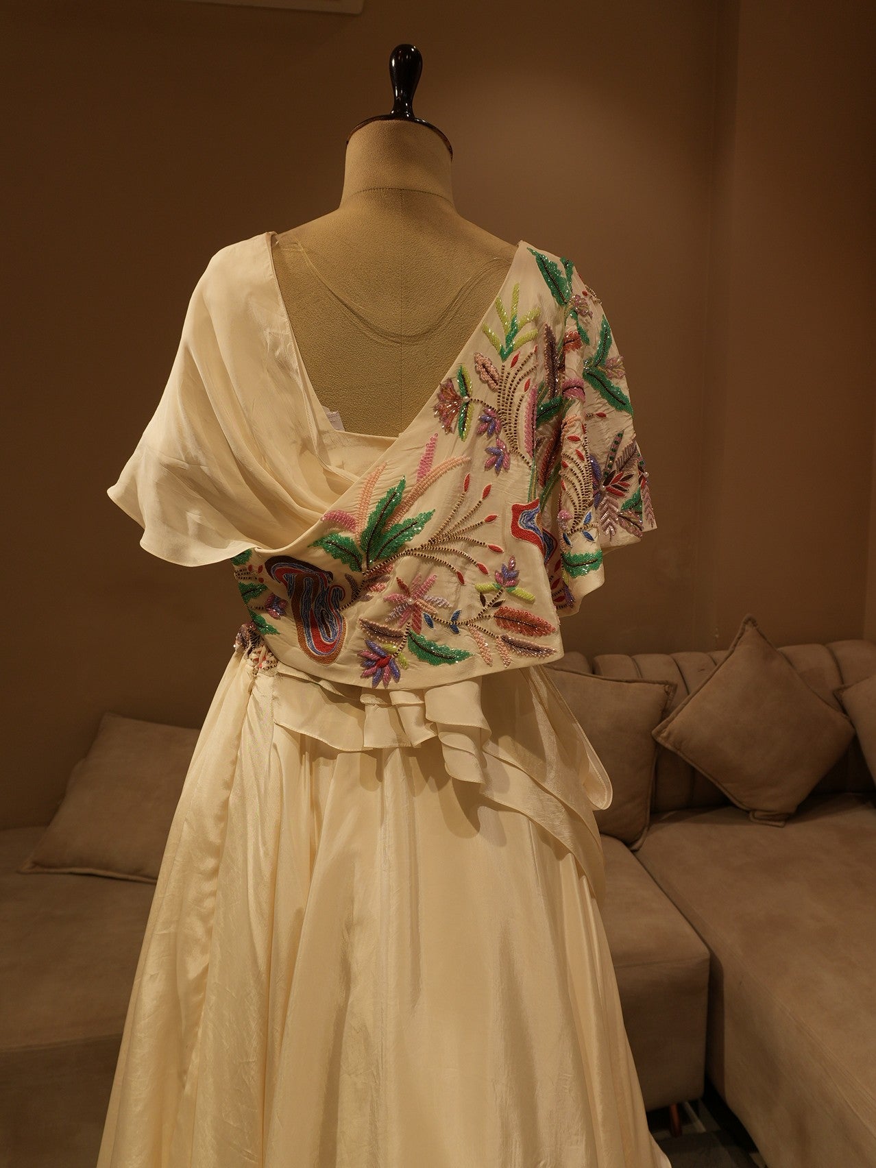 Pearl white embroidered cape gown