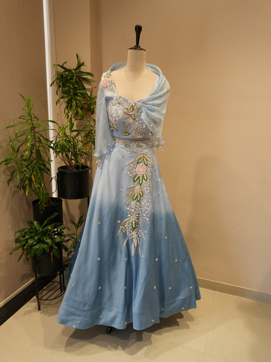 Powder blue drape crop top with skirt