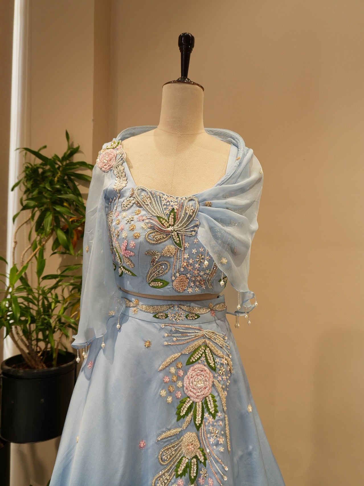 Powder blue drape crop top with skirt