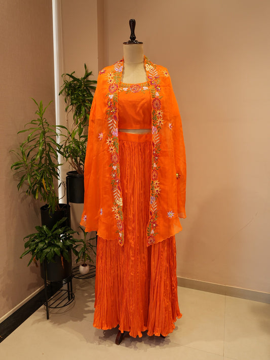 Rust orange cape crop top with skirt