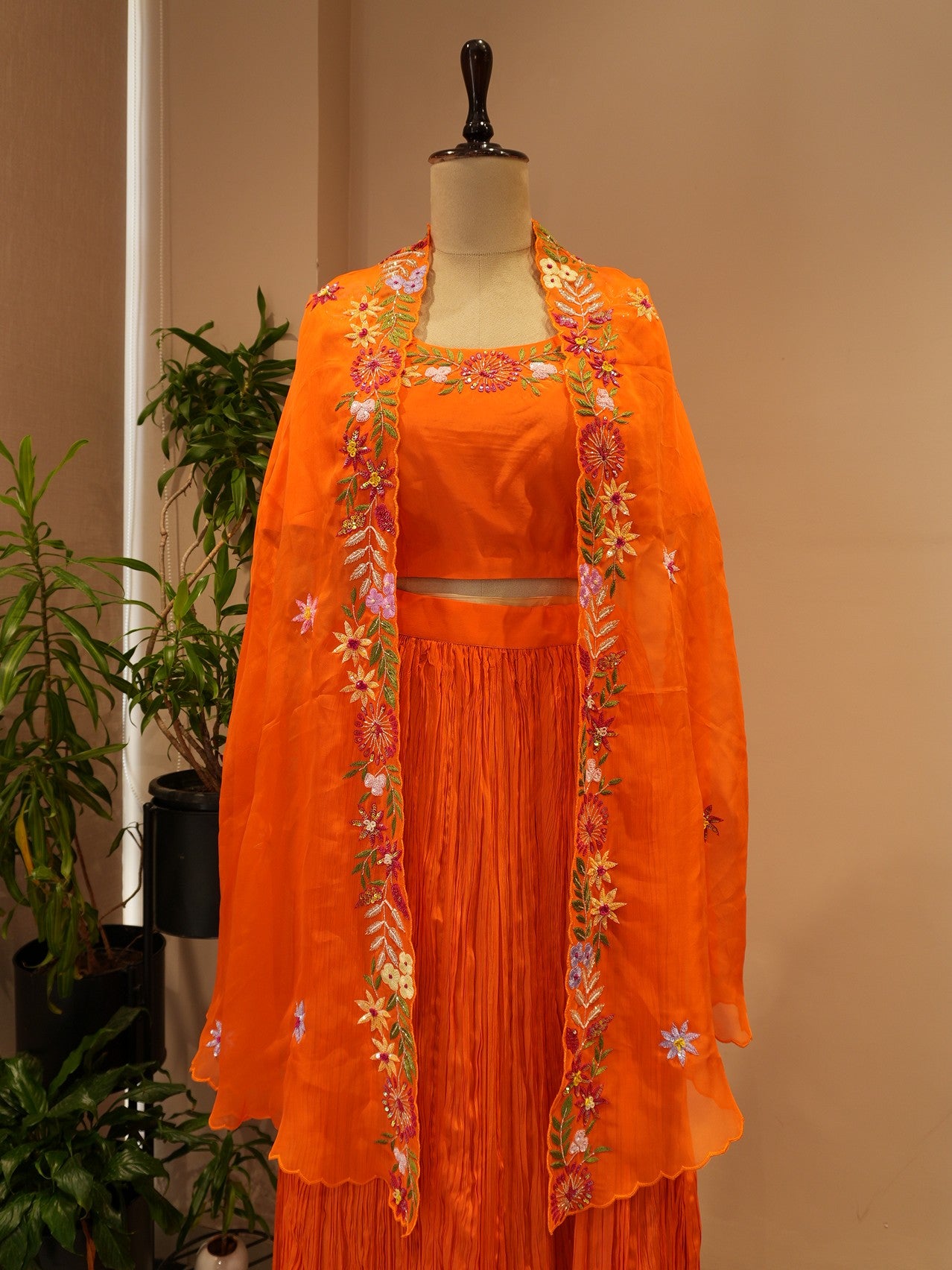 Rust orange cape crop top with skirt