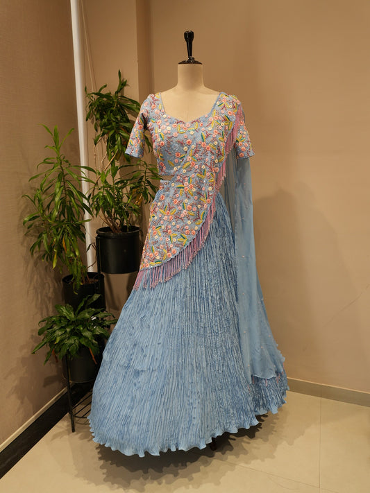 Powder blue drape lehenga set