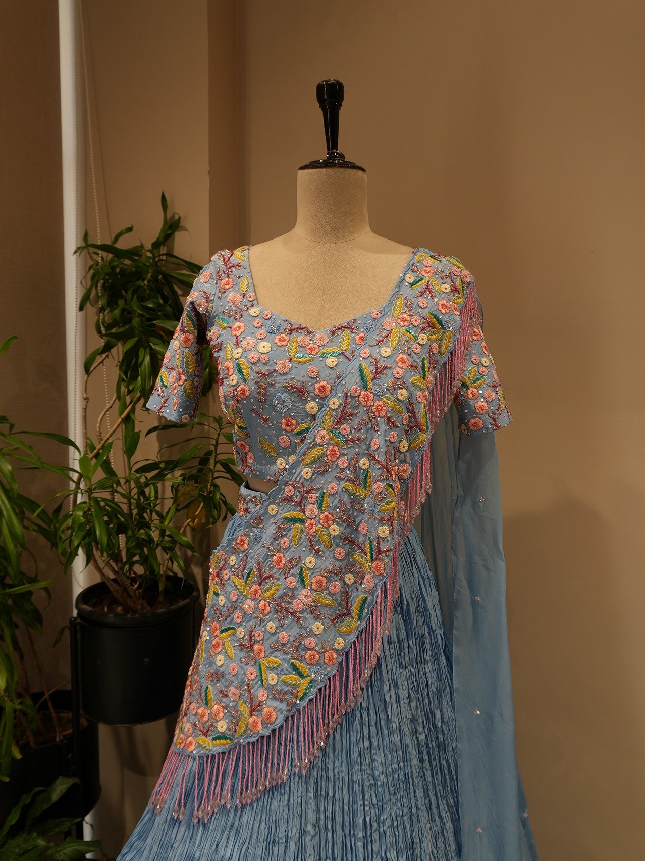 Powder blue drape lehenga set