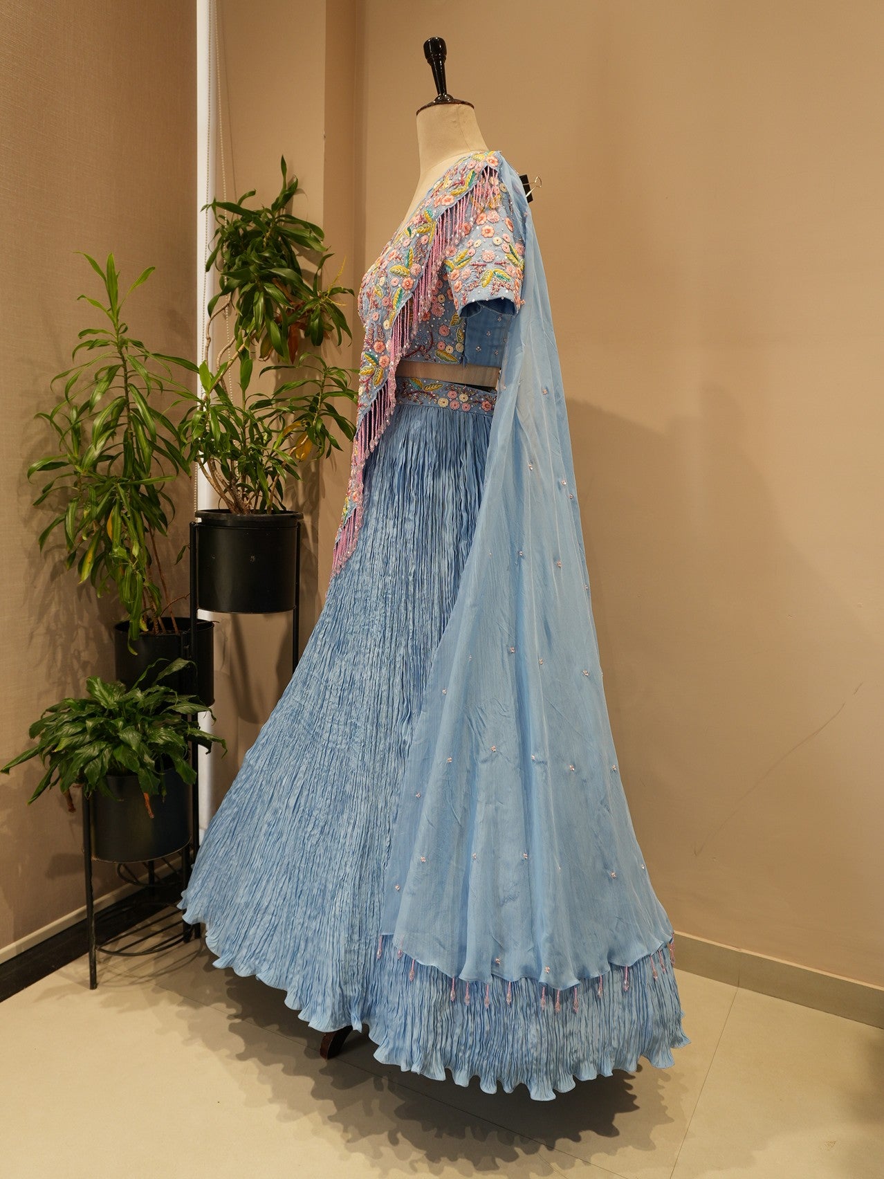 Powder blue drape lehenga set