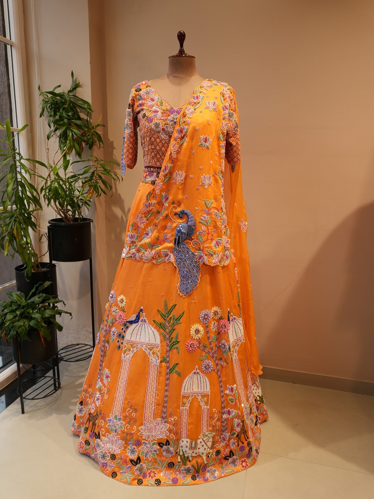 Rust orange peacock embroidered  lehenga set