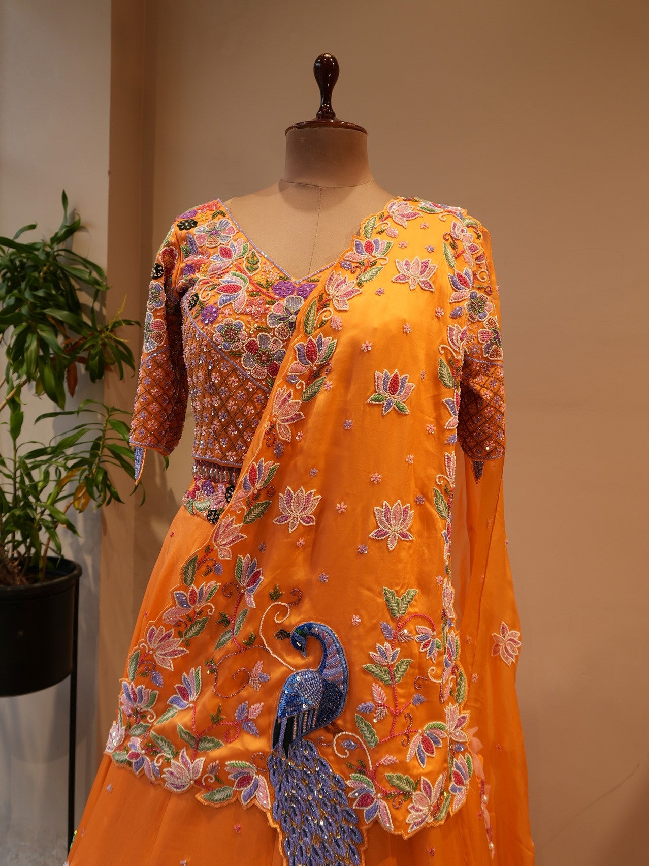 Rust orange peacock embroidered  lehenga set