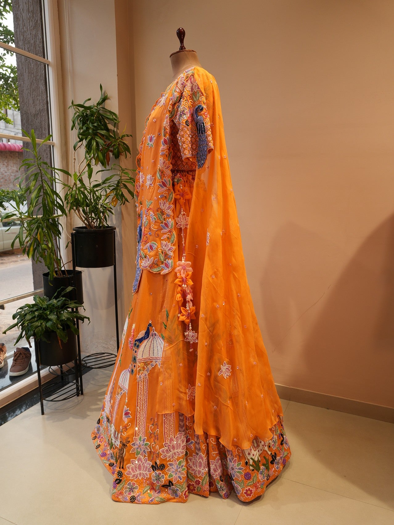 Rust orange peacock embroidered  lehenga set