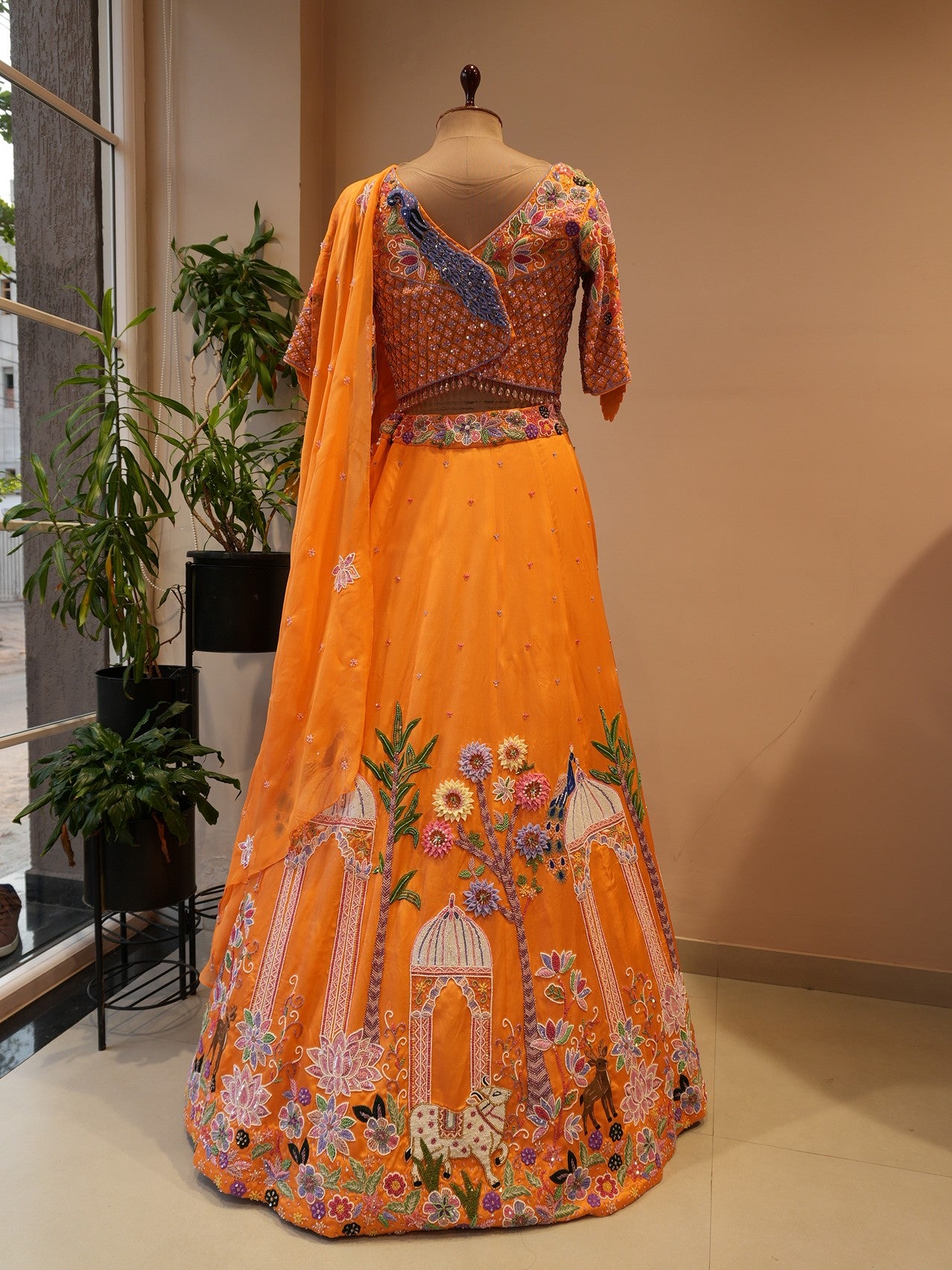 Rust orange peacock embroidered  lehenga set