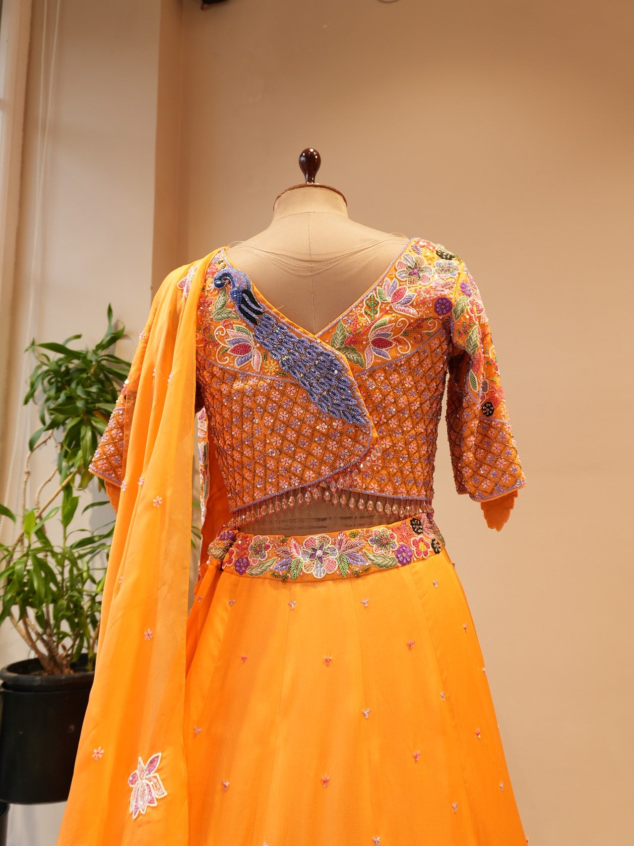 Rust orange peacock embroidered  lehenga set
