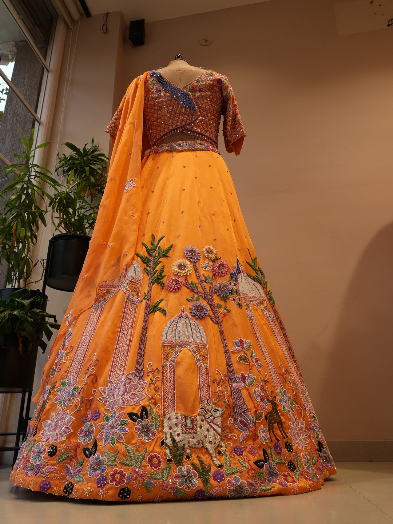 Rust orange peacock embroidered  lehenga set