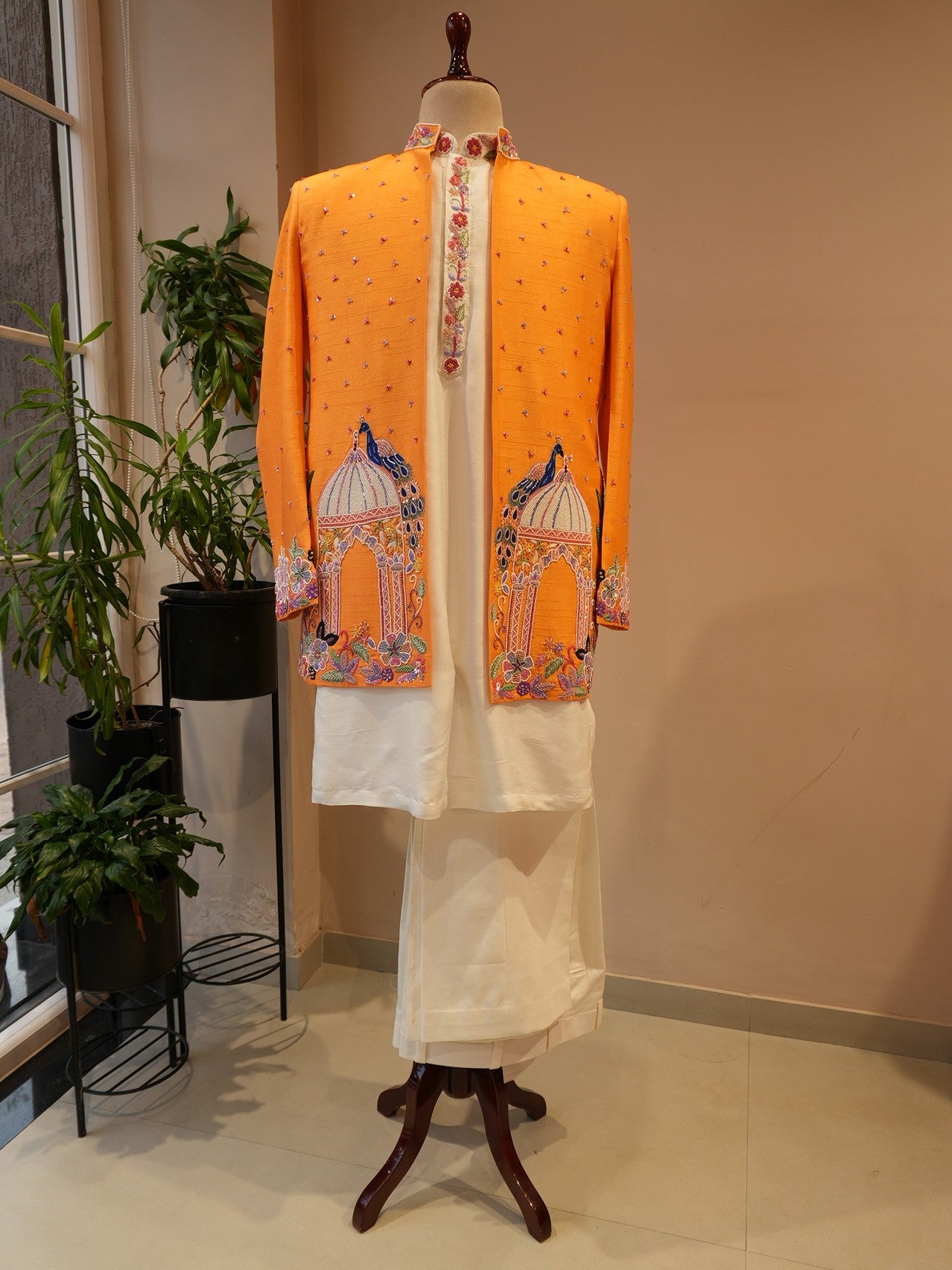 Rust orange peacock mens indo western