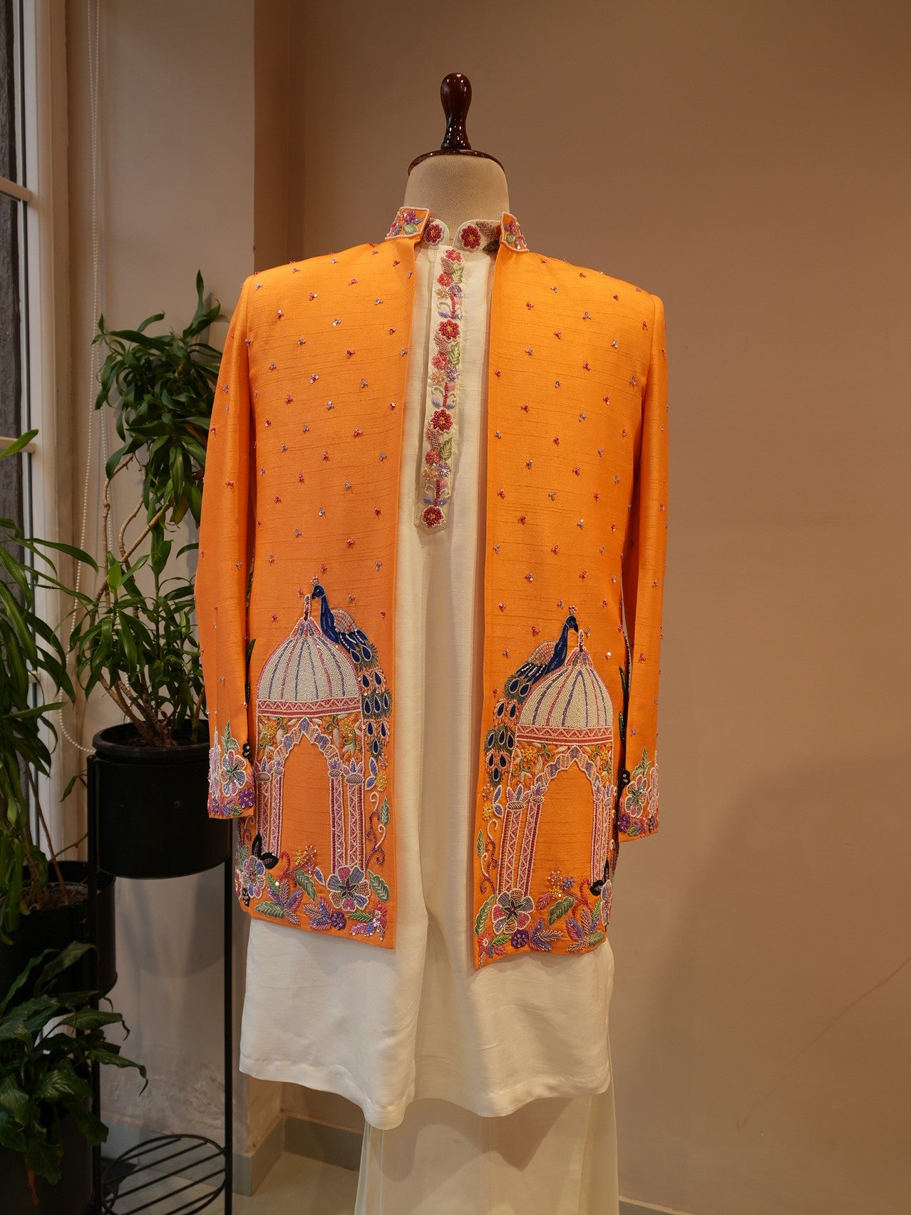 Rust orange peacock mens indo western
