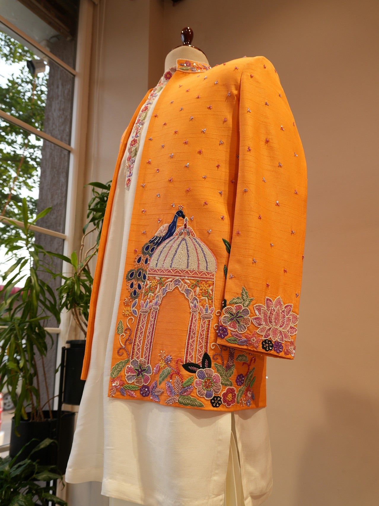 Rust orange peacock mens indo western