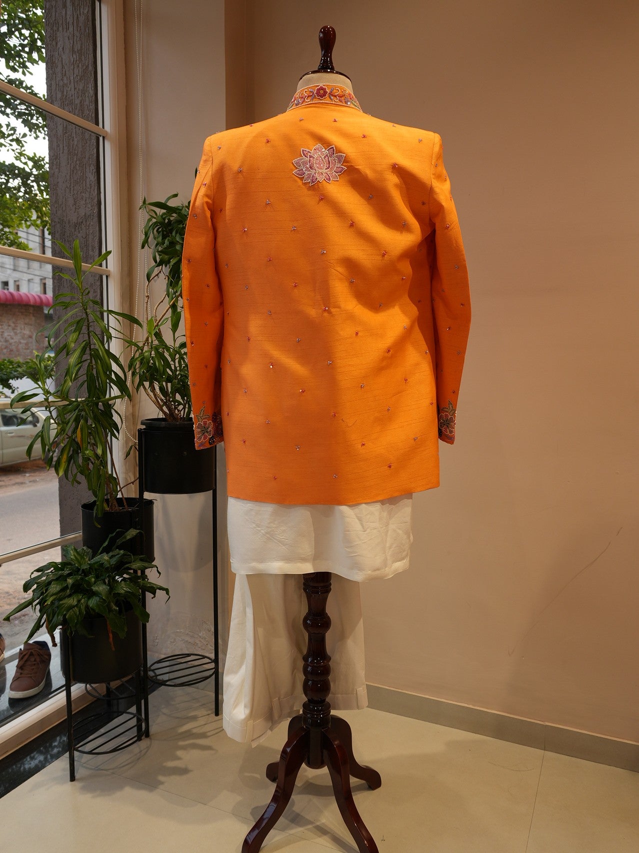 Rust orange peacock mens indo western