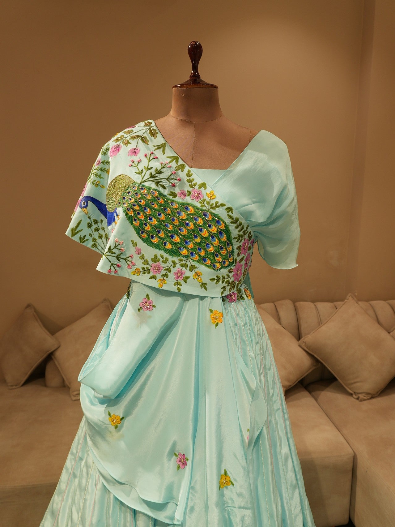 Powder blue peacock hand painted cape top skirt