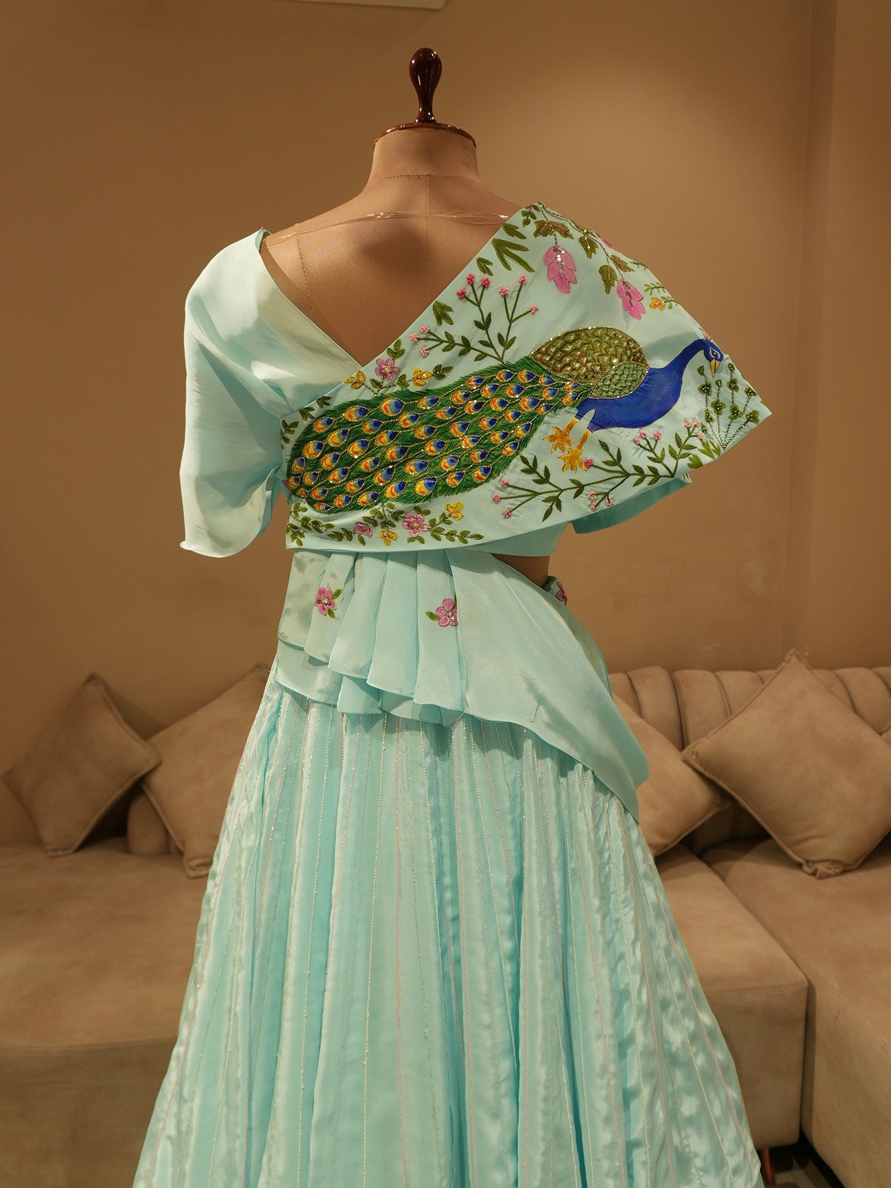 Powder blue peacock hand painted cape top skirt