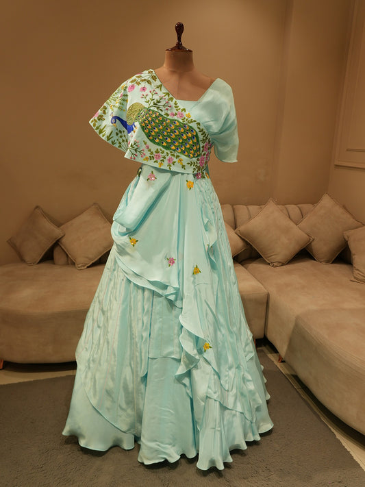 Powder blue peacock hand painted cape top skirt