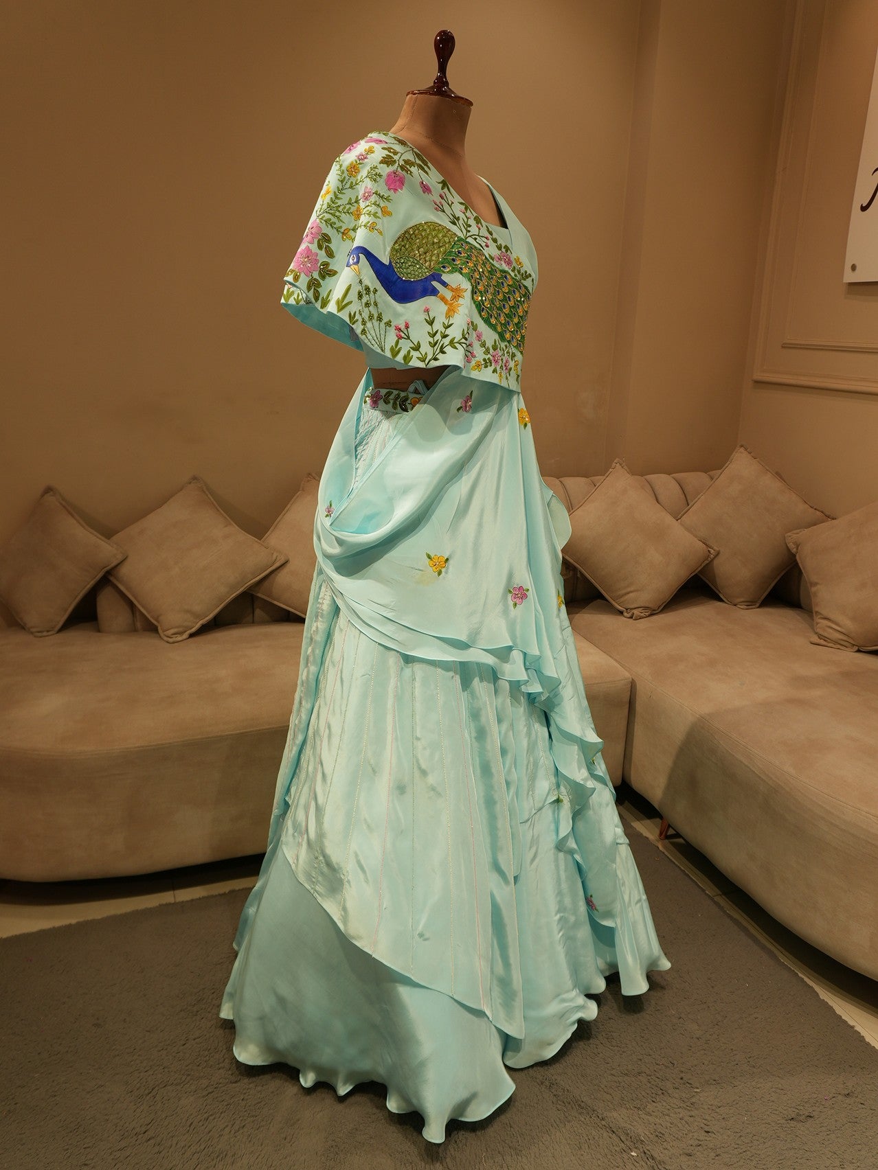 Powder blue peacock hand painted cape top skirt