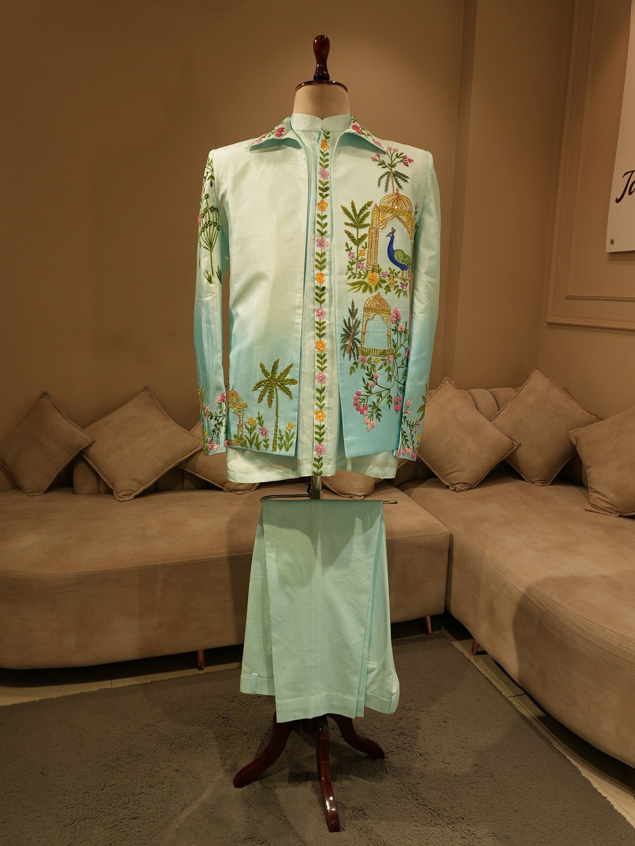 Powder blue peacock hand painted mens indo western